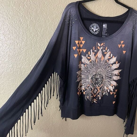 Affliction Women’s XL Damen Pullover Trailhead Fringe Shirt Top Long Sleeve - Picture 3 of 5